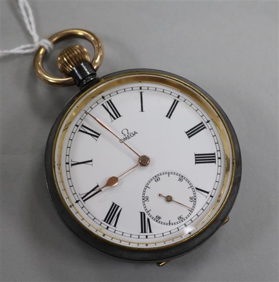 An Omega gun metal open face pocket watch, early 20th century, having white enamelled Roman dial with subsidiary seconds